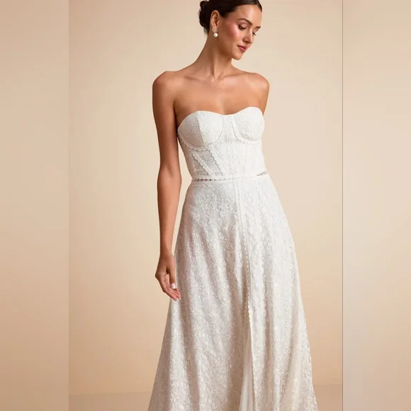 Lulus Eldoria White Lace Strapless Bustier Maxi Dress S Wedding Bridal Party - Picture 3 of 11